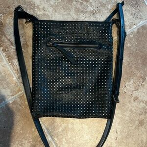 Platania Studded Black Italian Leather Clutch, Crossbody Bag 11.5 X 9.